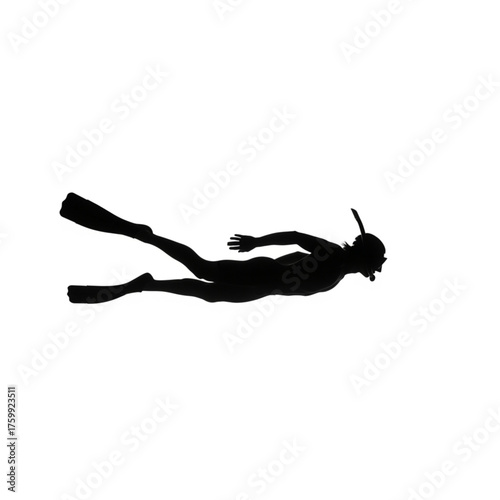 Dramatic Silhouette of a Diver Swimming with Flippers and Mask on White Background, Conceptual Ocean Exploration and Underwater Adventure, Striking Contrast and Isolated Figure