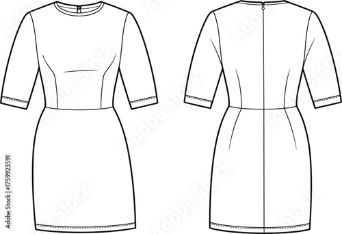 Technical fashion sketch, fitted dress illustration, front and back view, round neckline, elbow sleeves, above-knee length, garment design, vector template
