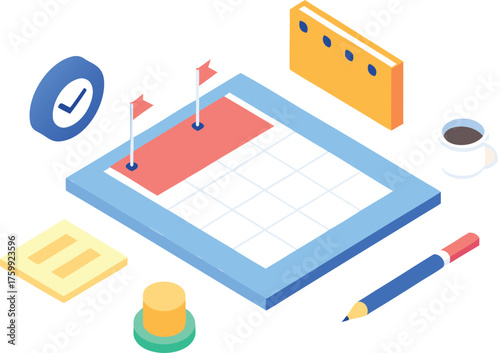 Isometric flat lay vector illustration of a workspace with goal board and coffee