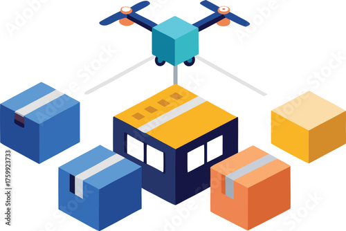 Isometric flying cargo drone delivering packages with modern logistics and delivery illustration