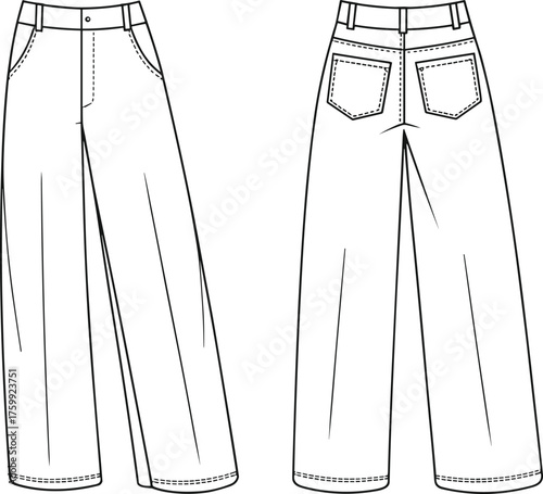 Wide-leg pants fashion sketch, high waist design with yoke seam and pockets, technical flat illustration, front and back view, garment template