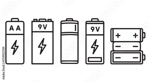 Collection of various battery types isolated on transparent background