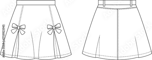 Women's A-line skirt technical sketch, front and back view, bow and pleat detail, fashion flat drawing, garment construction, vector apparel template