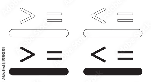 Mathematical inequality symbols greater than or equal to and less than or equal to isolated on transparent background