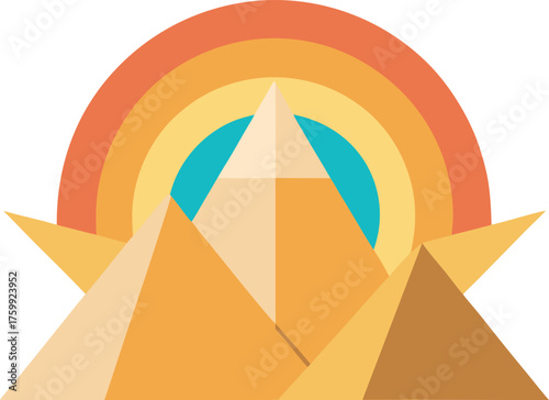 Complex geometric desert with surreal pyramids and shapes
