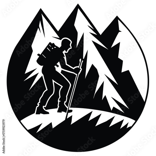 Silhouette of a determined mountain climber reaching the summit against a clean white background symbolizing achievement and adventure