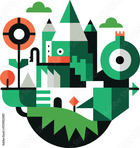 Complex vector geometry landscape merging mechanical forms