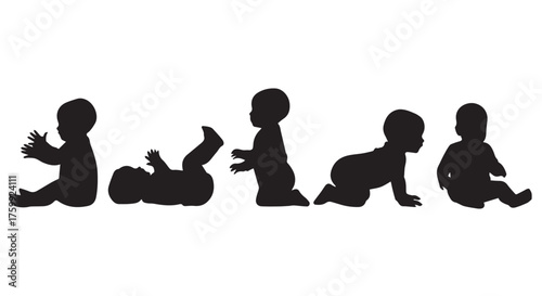 Silhouettes of a baby in various stages of development from sitting to crawling isolated on transparent background