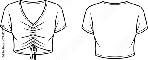 Women's crop top fashion illustration, front and back view, deep V-neckline, ruched drawstring detail, short sleeve, technical flat sketch, vector design