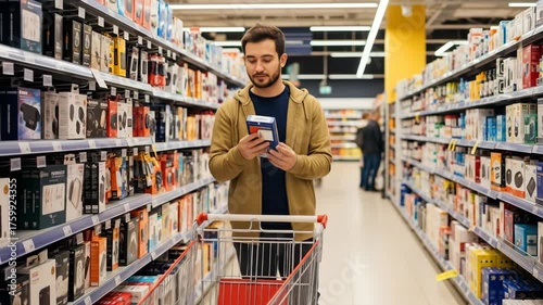 Man in a yellow jacket, shopping in a store aisle, pushes a cart. Other shoppers and shelves are in the background
