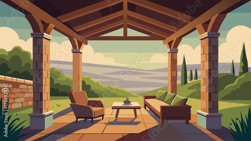 A covered porch with a wooden ceiling stone columns and a mix of outdoor furniture in earthy tones.