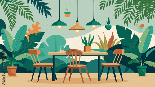 A dining nook with a tropicalinspired wallpaper a wooden table and chairs and a variety of hanging plants.