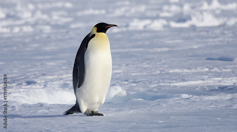 Fototapeta premium An emperor penguin stands majestically on the icy terrain of antarctica, its sleek plumage a testament to its adaptation to the harsh climate, embodying the spirit of survival in the frozen wilderness