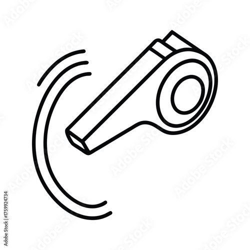 A black  white line drawing of a whistle with curved lines near the mouthpiece implying the sound it makes. Editable stroke line  icon