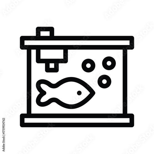 A blackandwhite line drawing of a fish tank with a fish bubbles and equipment. Editable stroke line  icon