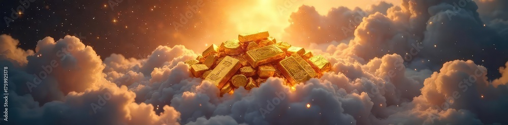 Fototapeta premium Gleaming golden ingots, radiating ethereal light, rest on a cloud of swirling nebulae A celestial representation of divine wealth and power , stars, mythology