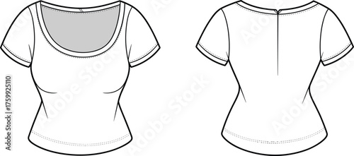 Women's fitted short sleeve top fashion template, technical flat sketch, scoop neck front view, back zipper detail, garment design vector illustration