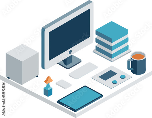 Isometric productivity workspace vector illustration for scalable graphic design projects