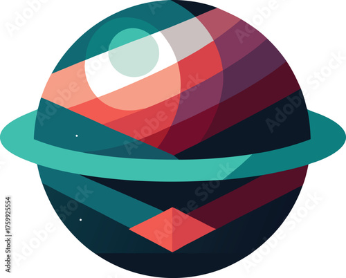Surreal planet composed of geometric layers and mirrors
