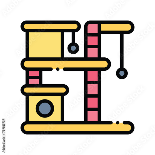 A cat tree with several levels scratching post dangling toys and a hole