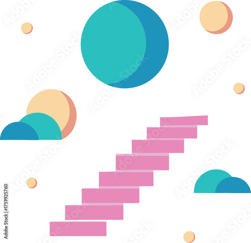 Surreal escapist sky with floating stairs moons clouds