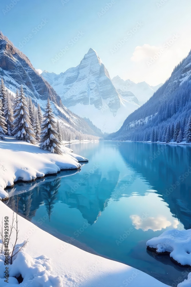 Fototapeta premium Serene winter scene featuring a snow-covered landscape under a clear sky Perfect for winter holiday, nature, and travel themes Frozen lake, majestic mountains, pristine snow , travel, beautiful