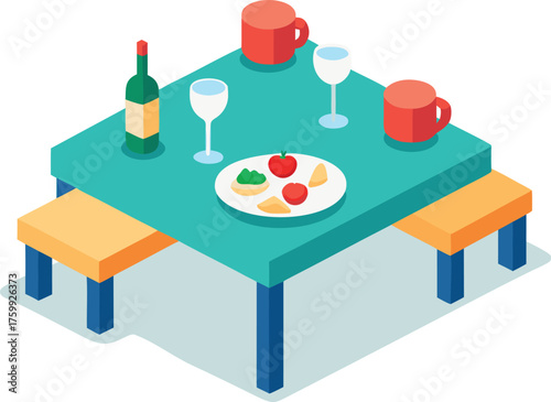 Isometric vector illustration small dining table with food drinks cups and stools for graphic design