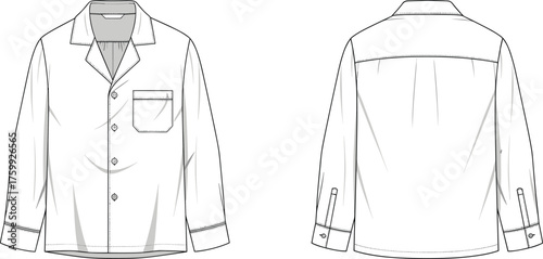Men’s long sleeve shirt flat sketch, technical fashion drawing, notched collar design, vertical seam detail, front and back view, apparel template illustration
