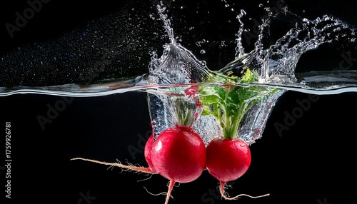 vibrant red radish bursts into refreshing water creating a dynamic splash against a stark black background symbolizing healthy eating and culinary freshness