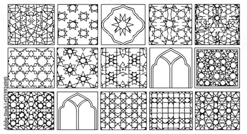 Collection of islamic geometric patterns and architectural elements isolated on transparent background