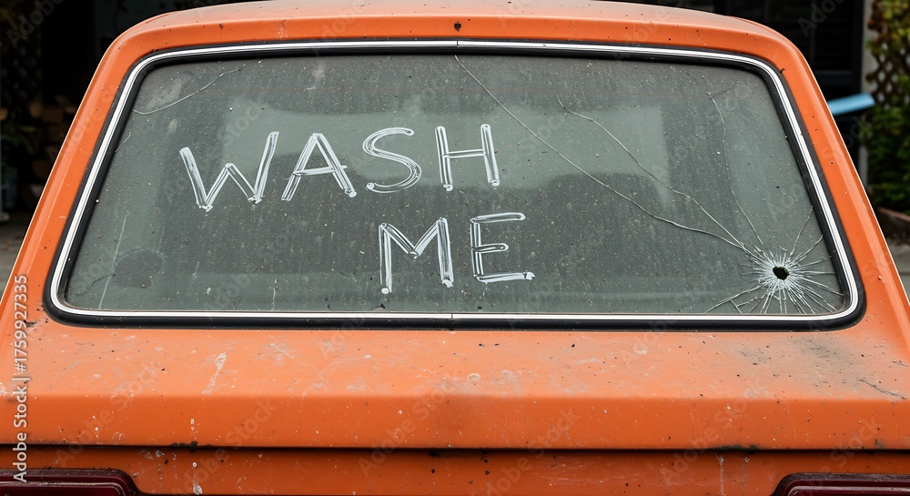 Fototapeta premium Dirty orange car rear window with wash me written in the dust, suggesting neglect and need for cleaning