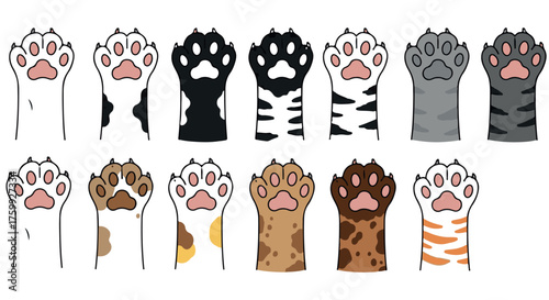 Various cartoon cat paws with different fur patterns, isolated on transparent background
