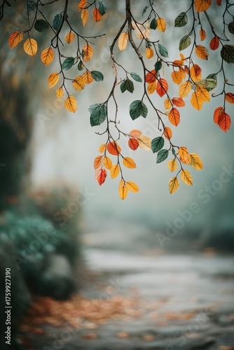 Autumn tree branches with colorful falling leaves over pathway