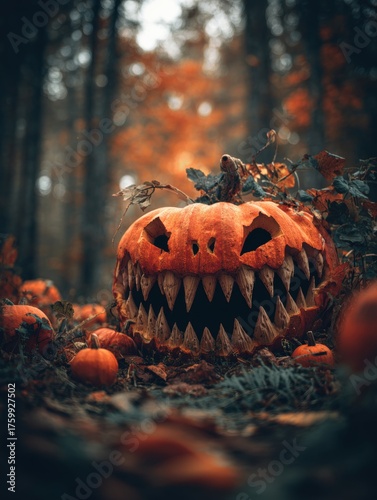 Scary monster pumpkin with sharp teeth in autumn forest