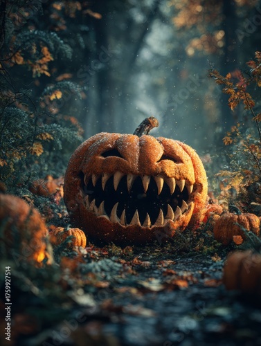 Scary monster pumpkin with fangs in dark autumn forest
