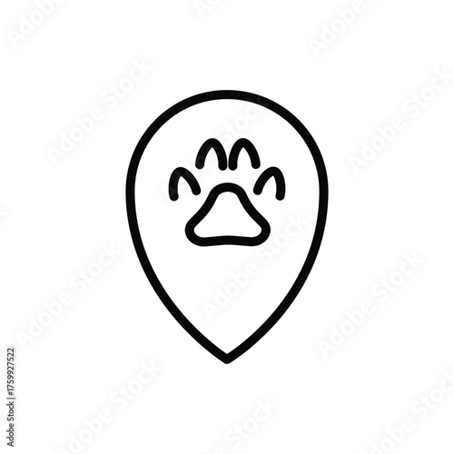 A simple drawing of a paw print inside of a location marker both in black outline. Editable stroke line  icon