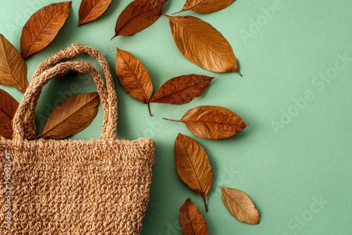 Woven bag natural dry leaves on green background