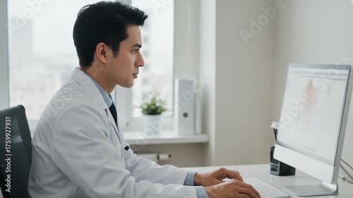 Doctor Working on Computer in Modern Office Setting.