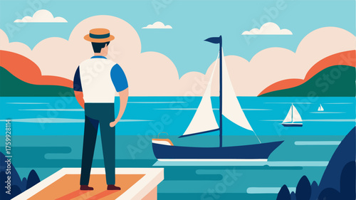 A lone sailor stands at the bow of his sailboat gazing out at the vastness of the sea from the peaceful serenity of this charming seaside marina.
