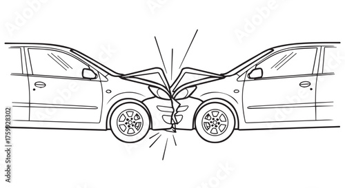 Line drawing of two cars colliding headon, isolated on transparent background