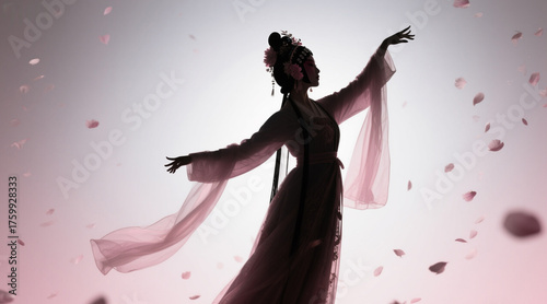 Silhouette of a Chinese opera actress dancing with long sleeves and petals falling in the background, creating a beautiful and romantic atmosphere