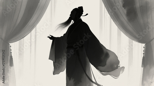 Silhouette of a Chinese c, wearing a long robe with wide sleeves and holding a beard