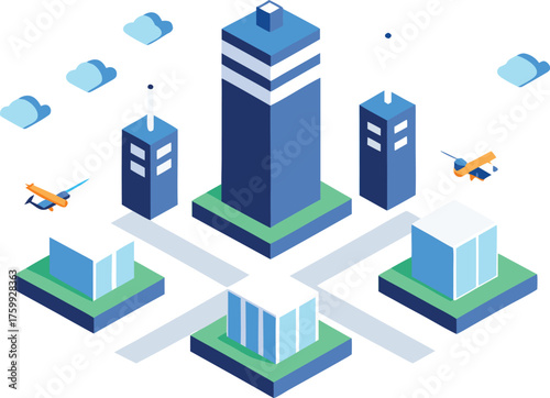 Isometric vector illustration of modern cityscape with drones and air lanes