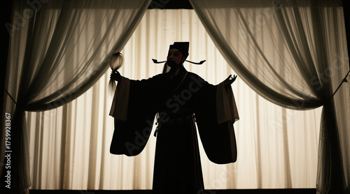Silhouette of a Chinese opera actor, wearing a long robe with wide sleeves and holding a beard