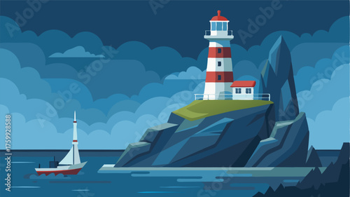 A lone lighthouse perched on a rocky promontory guiding ships through the treacherous waters.