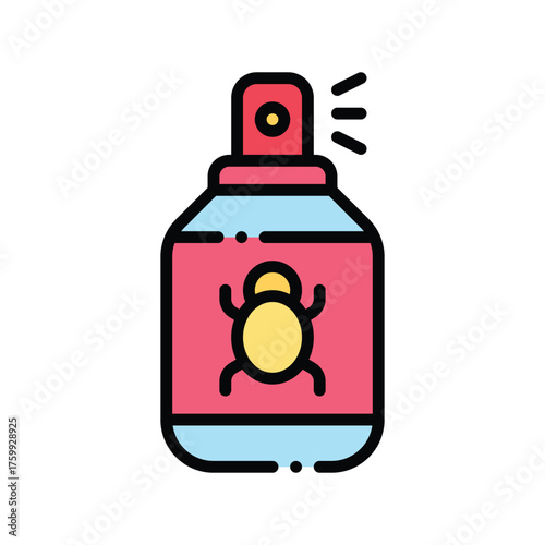 An insecticide bottle icon with a red cap light blue body and a pink label with a yellow insect