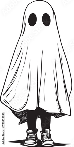 A ghostly figure in a white cloak, standing in a white room with a shadowy background.