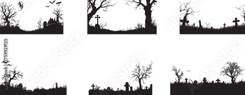 A spooky cemetery with trees, gravestones, and bats.