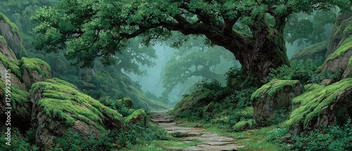 A stone pathway winds through a lush, green, mossy forest glen. Use this image for fantasy art, or backgrounds in your website.