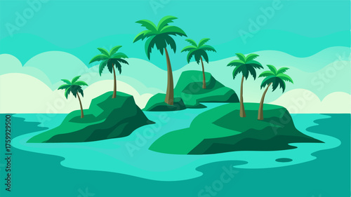 An enchanting island chain where each island is a different shade of green with swaying palm trees and aquamarine waters lapping at the shore.